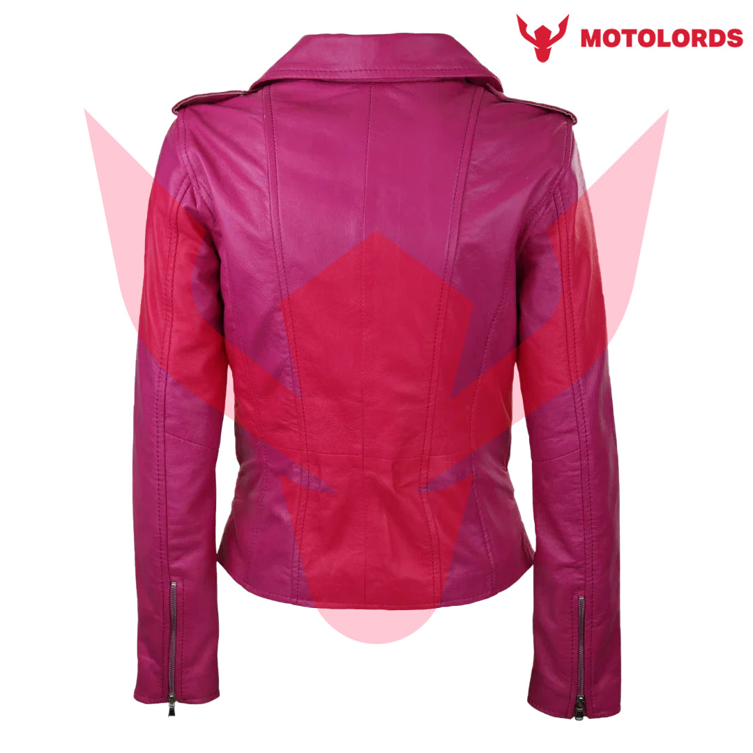 Women's Leather Pink Short Biker Jacket | 2024