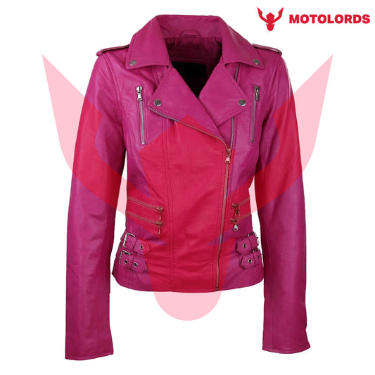 Women's Leather Pink Short Biker Jacket | 2024
