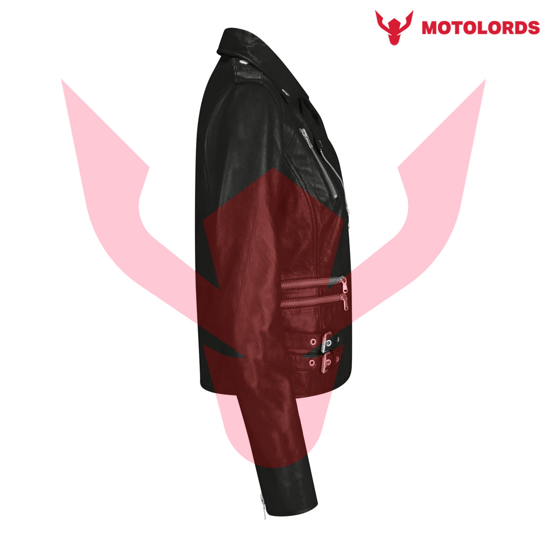 Women Short Biker Leather Jacket Sidepose