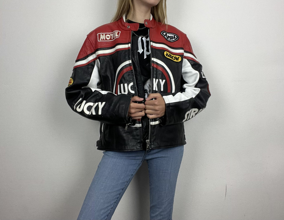 lucky strike leather jacket in red and black