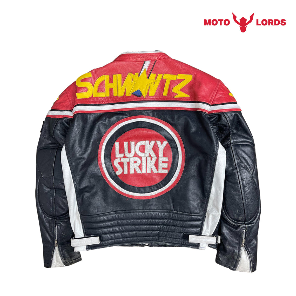 leather jacket lucky strike black and red