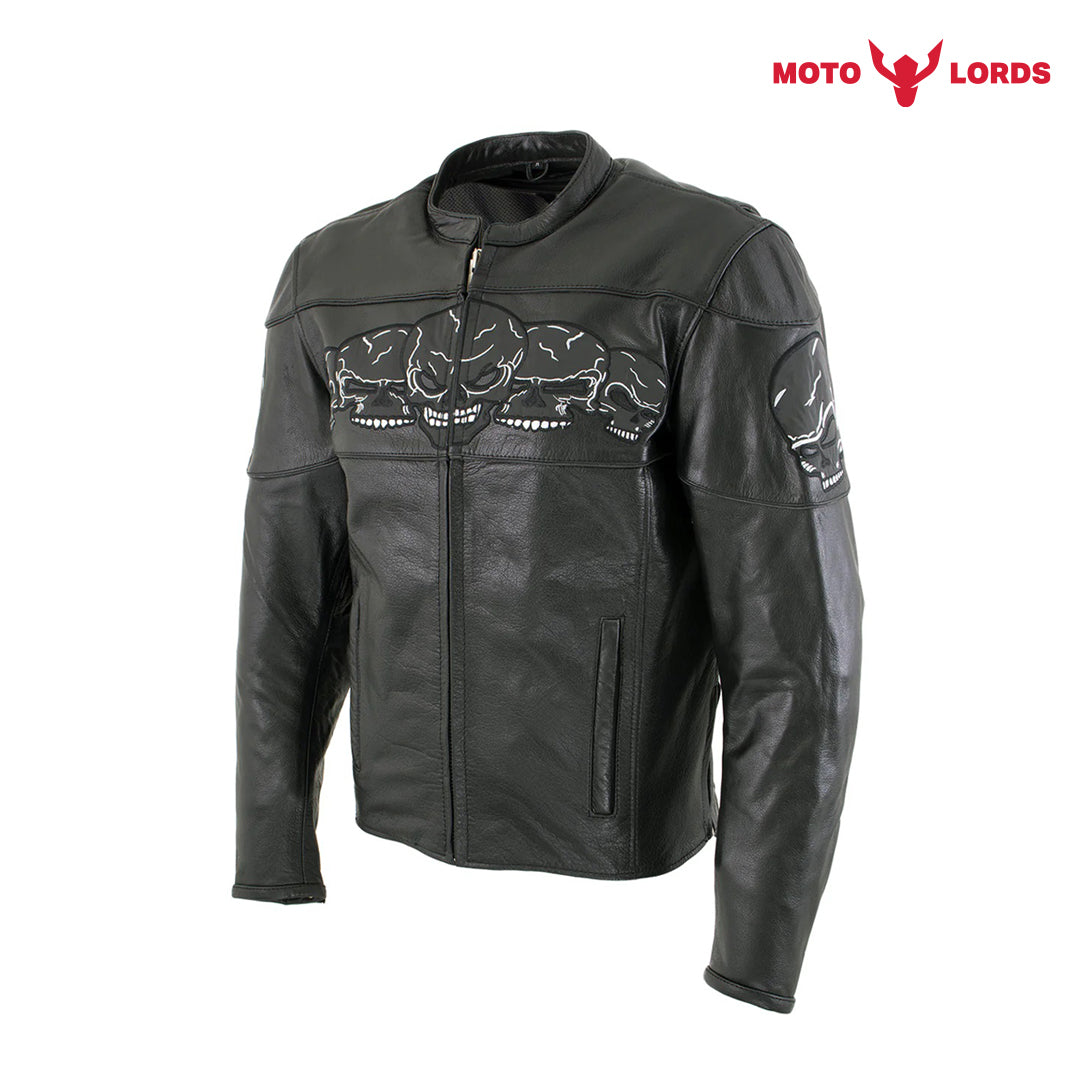 Skulls Black Leather Motorcycle Jacket with X-Armor Protection