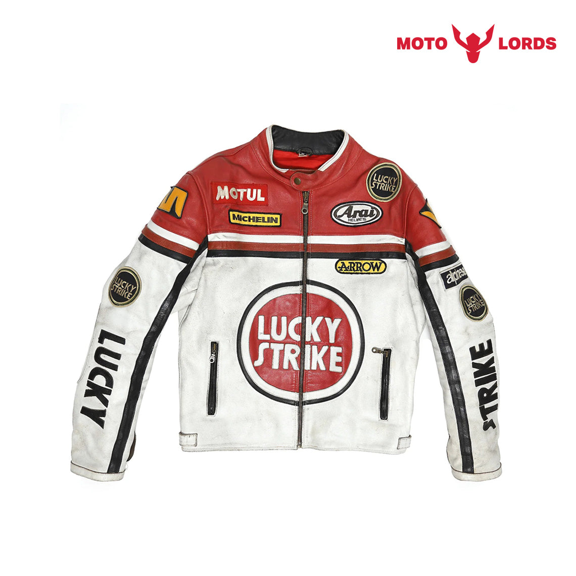 Lucky Strike Leather Jacket in Red and White – Motorcycle Riding Custom ...