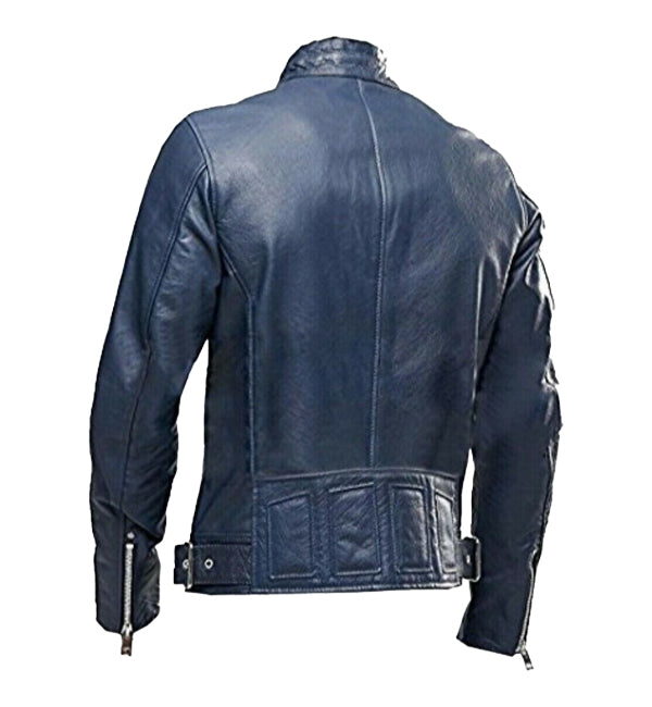Blue Cafe Racer Leather Jacket Unisex