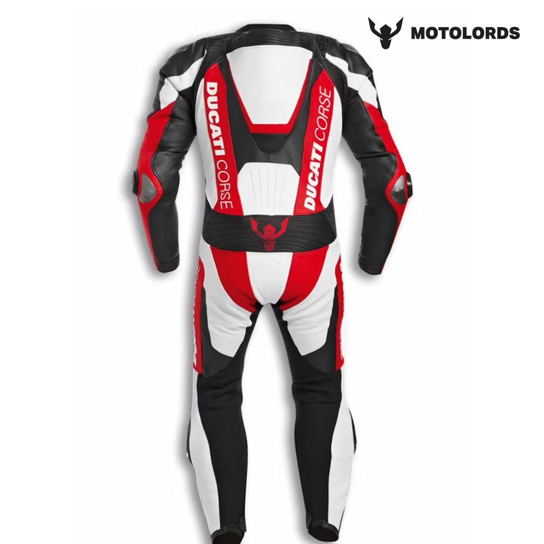 Back view of Ducati Moto Lords Leather Racing Suit - Red, Black, White Cowhide Motorcycle Gear with Protective Padding and Ducati Branding.