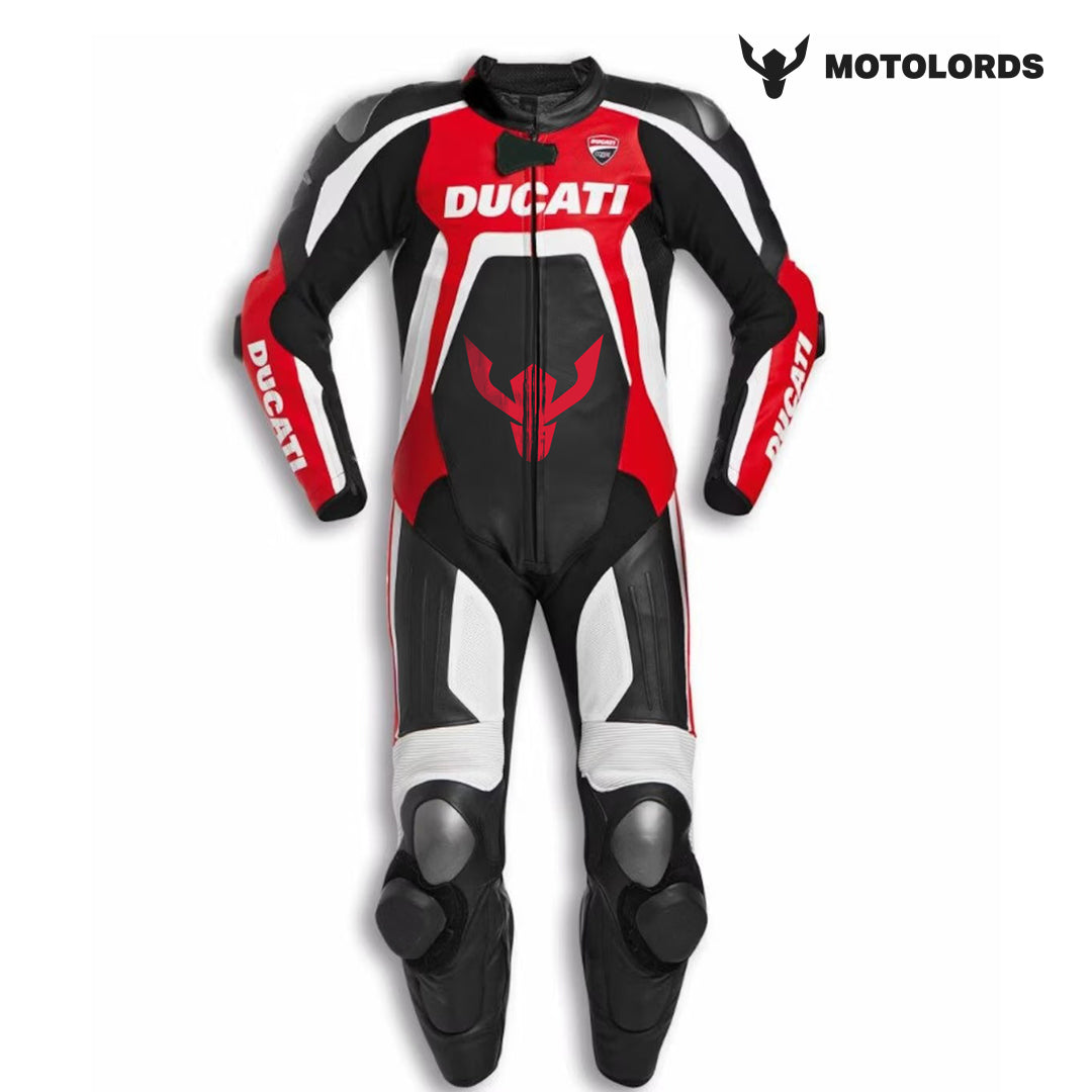 Ducati Moto Lords Leather Racing Suit - Red, Black, White Cowhide Motorcycle Gear with Protective Padding and Ducati Branding.