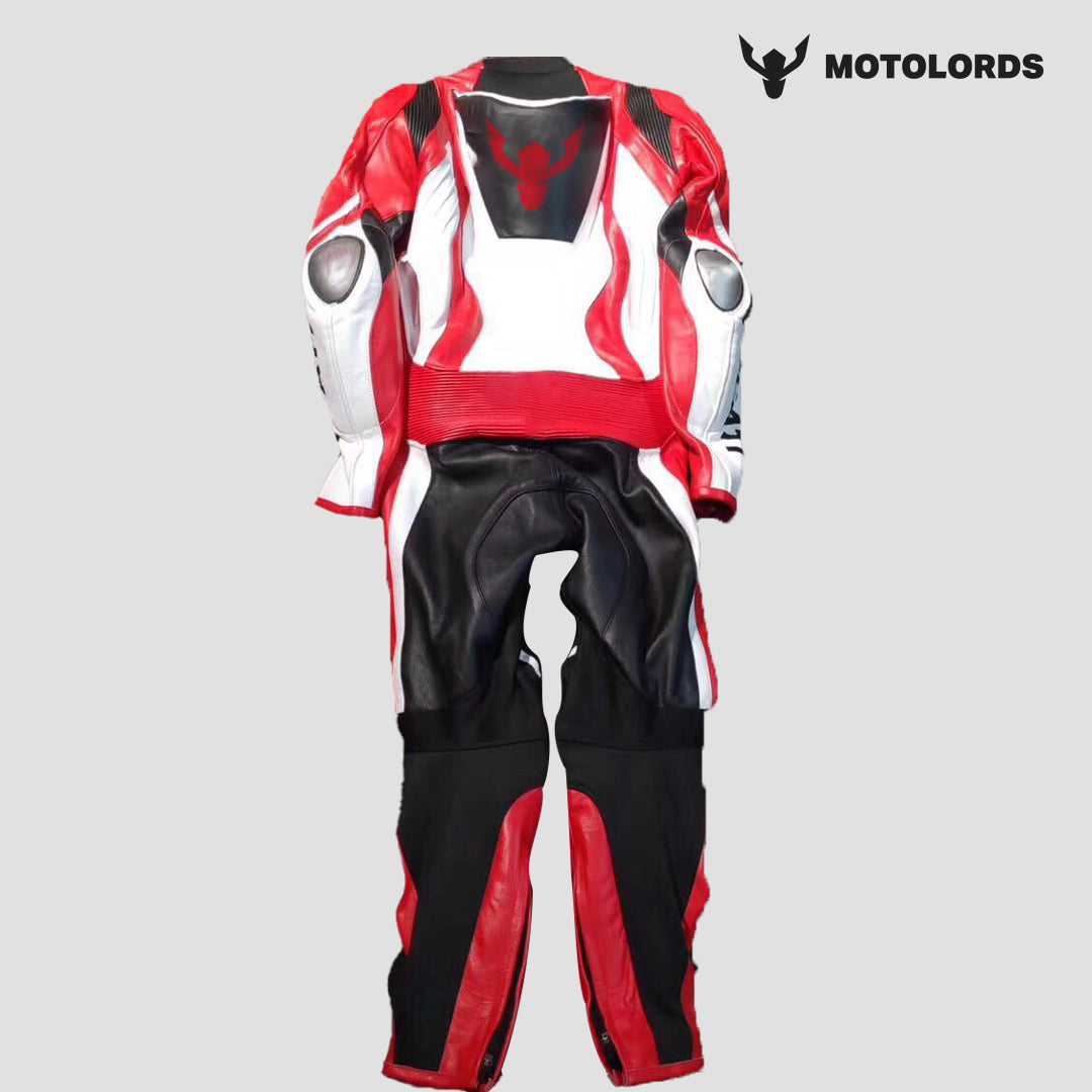 back view Ducati leather motorcycle Rally Suit Nomex  with red and white accents