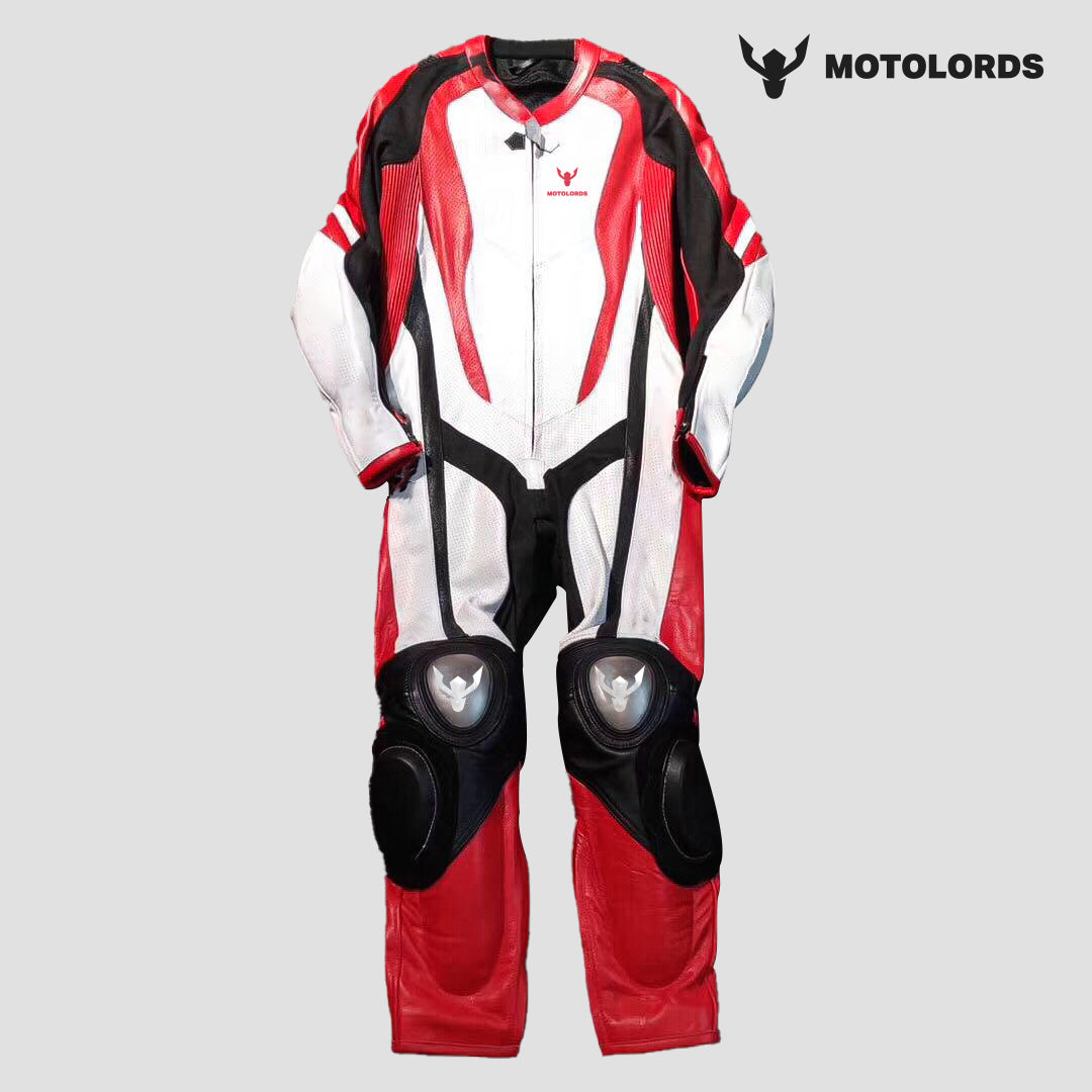 Front view Ducati leather motorcycle Rally Suit Nomex  with red and white accents