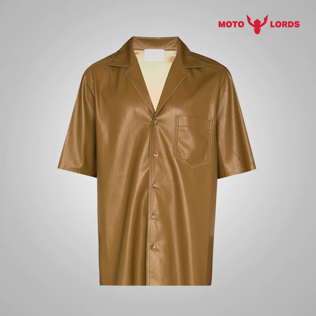 Mens Half Sleeves Khaki Leather Shirt for Men | Sale 2024 Upto 30% Off - Motorcycle Riding Custom Leather Apparel