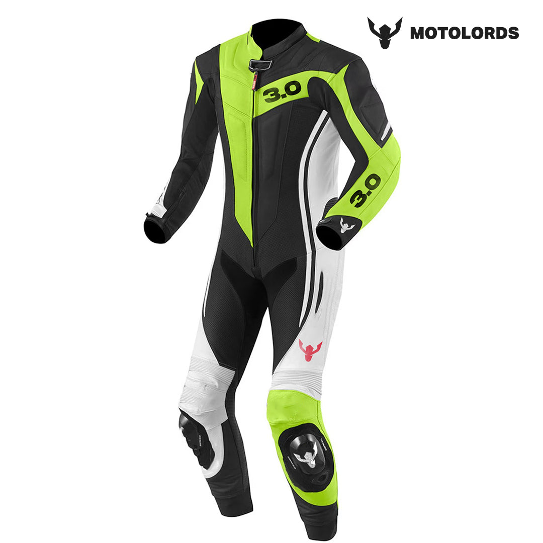 front view of High-performance Moto Lords R 3.0 Leather Race Suit for motorcycle racers seeking maximum protection and speed. Ideal for F1, drag, and street racing