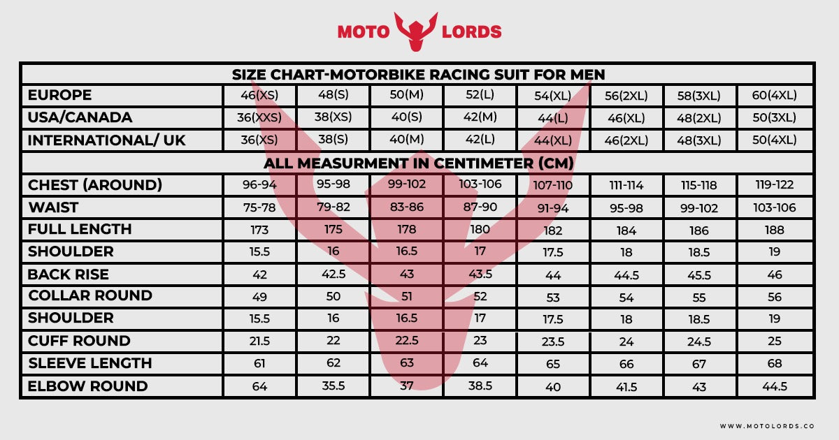 SIZE CHART-MOTORBIKE RACING SUIT FOR MEN