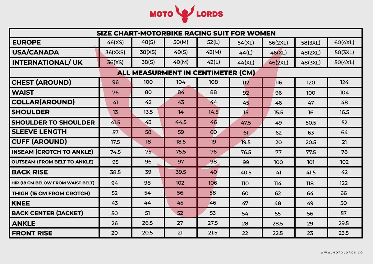 SIZE CHART-MOTORBIKE RACING SUIT FOR WOMEN