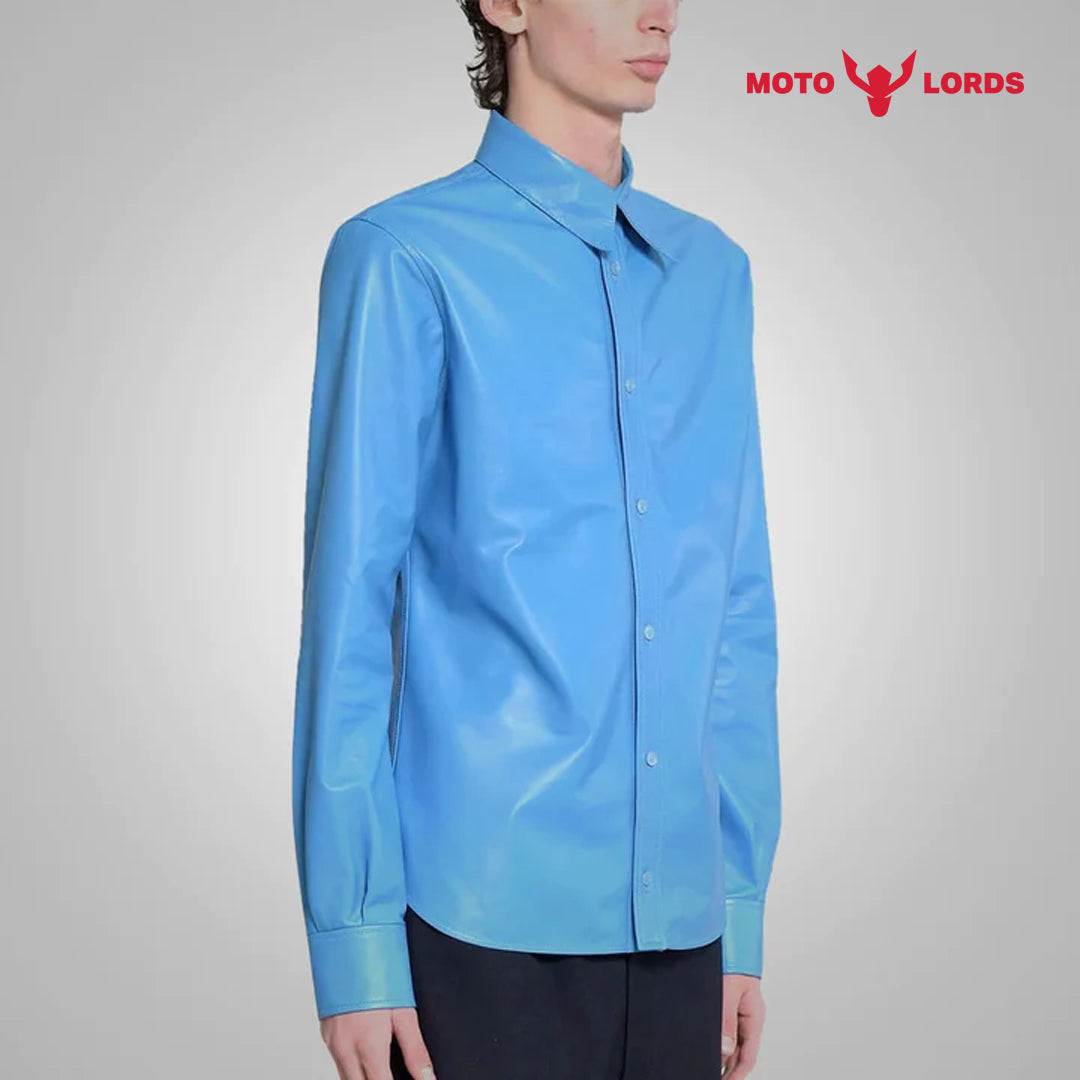 Sky Blue Lambskin Leather Shirt for Men | Sale 2024 Upto 30% Off - Motorcycle Riding Custom Leather Apparel