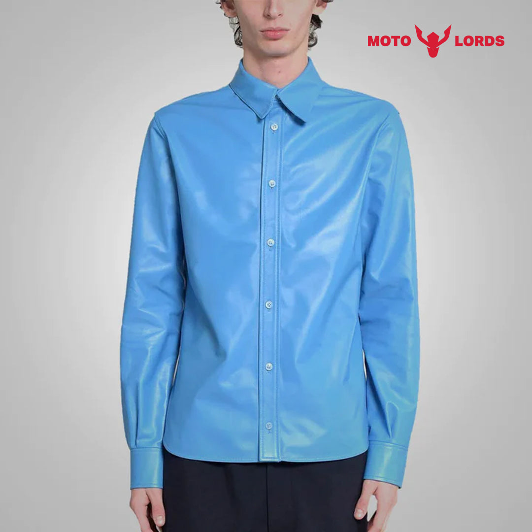 Sky Blue Lambskin Leather Shirt for Men | Sale 2024 Upto 30% Off - Motorcycle Riding Custom Leather Apparel