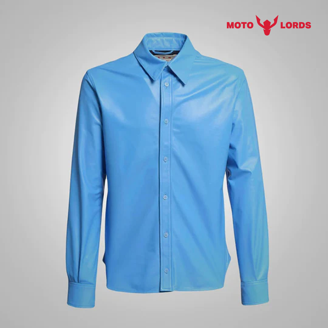 Sky Blue Lambskin Leather Shirt for Men | Sale 2024 Upto 30% Off - Motorcycle Riding Custom Leather Apparel