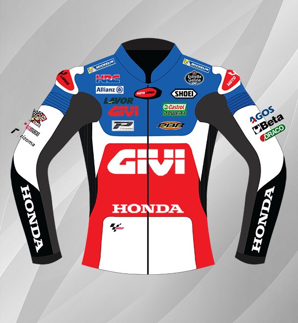 Close-up of racing leather jacket with Honda branding