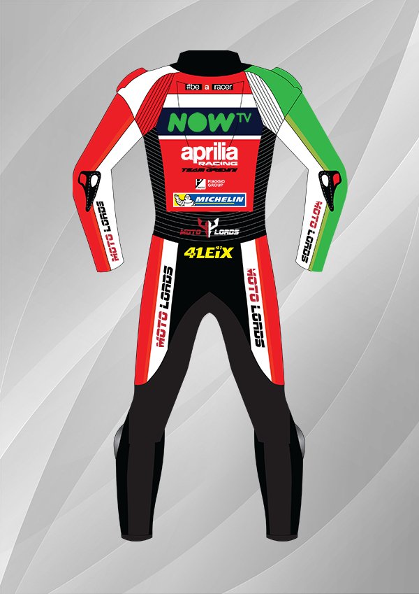 Black and white Aprilia racing suit featuring sponsors Michelin, LORDS, and Moto Lords