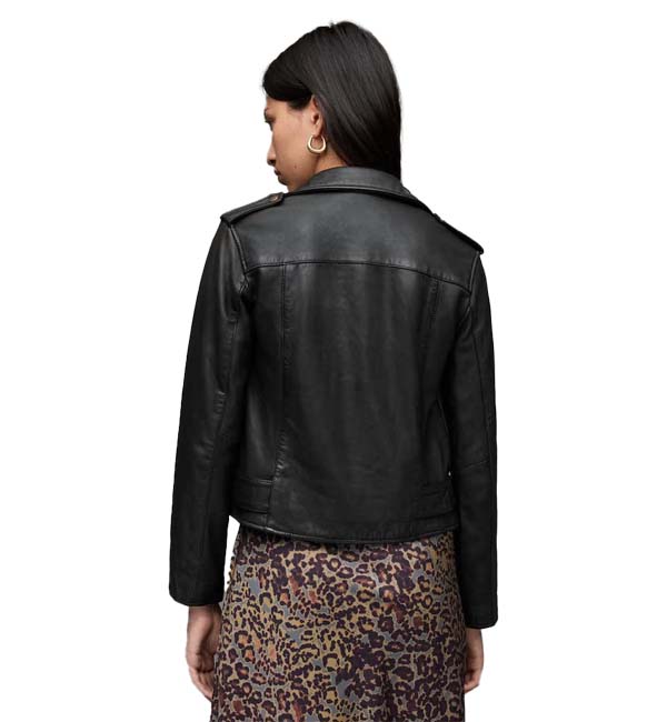 back of motorcycle black leather jacket women 