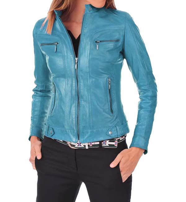 blue leather jacket women