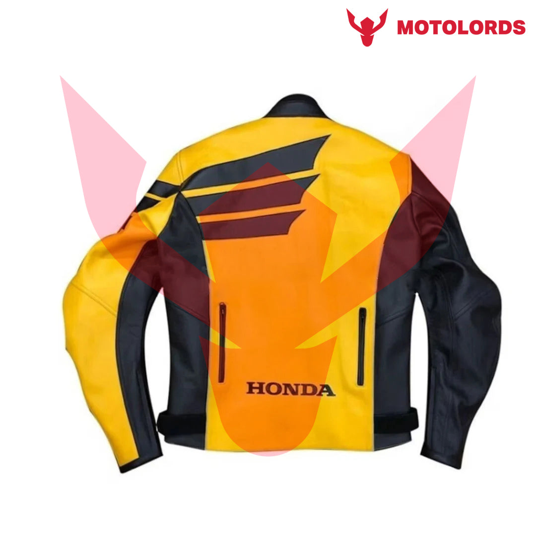 Back view of Yellow and black honda racer jacket with honda logo