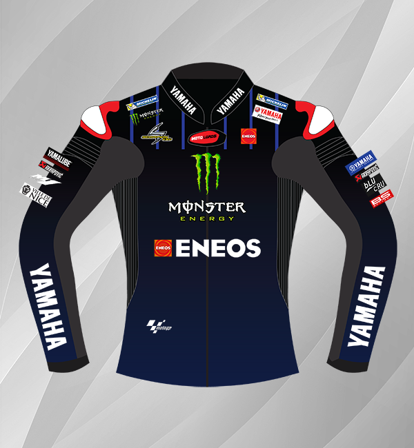 Front view - Monster Racing Jacket in black and blue with Yamaha branding and MotoGP sponsor logos.