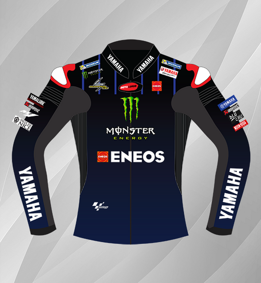 Front view - Monster Racing Jacket in black and blue with Yamaha branding and MotoGP sponsor logos.