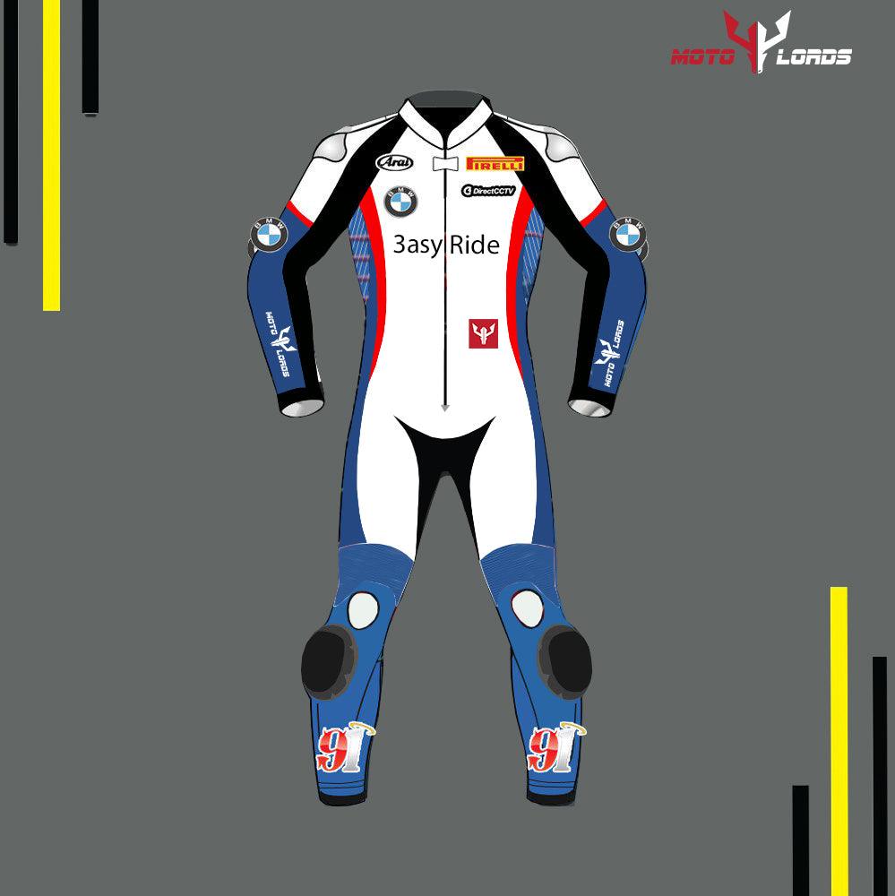 Front Side of BMW Leon Haslam MotoGP racing suit – premium leather gear for top performance