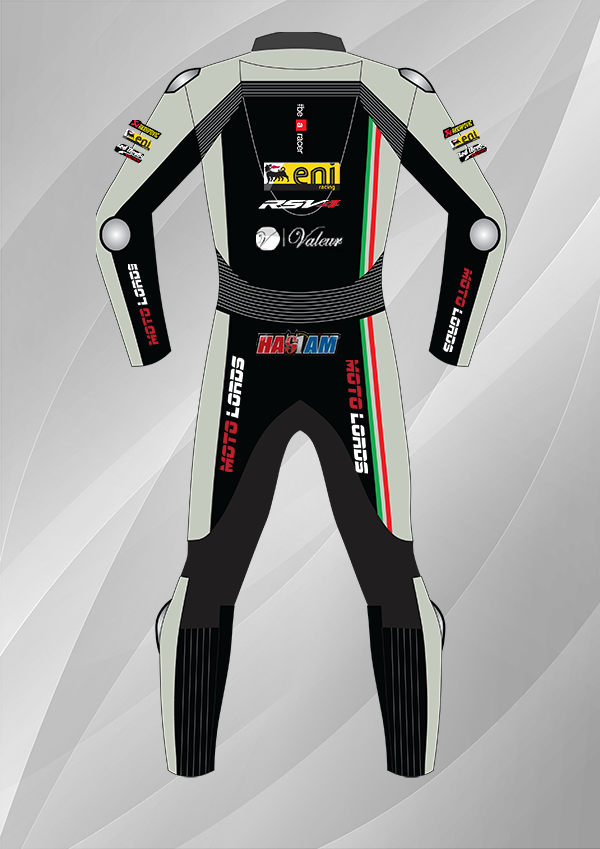 Back side of Leon Haslam Aprilia MotoGP leather suit, racing gear, SBK 2015